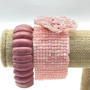Pink Bracelet Lot of 2 Stretch Chunky Beads and Seed Bead Flower